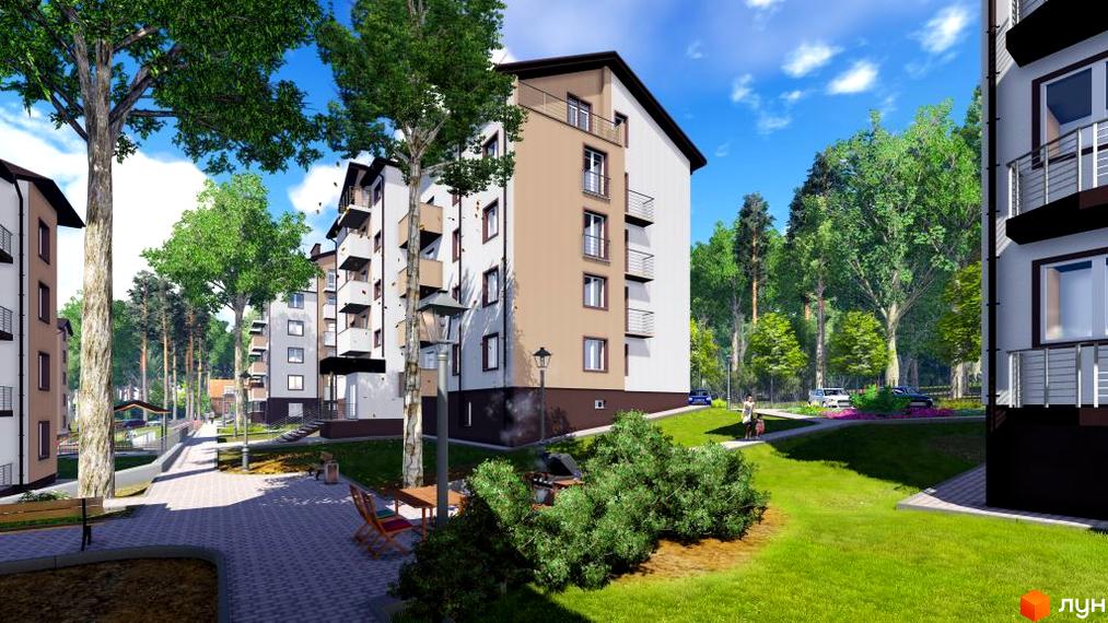 Зовнішній вигляд багатоповерхових будинків ЖК Джерело з балконами та вікнами. Прибудинкова територія з деревами, газоном та доріжками для прогулянок.