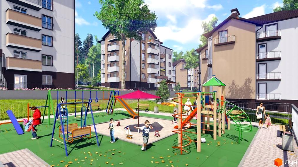 Житловий комплекс Джерело: багатоповерхові будинки з балконами та дитячий майданчик з гірками та гойдалками. Територія навколо будинків озеленена.