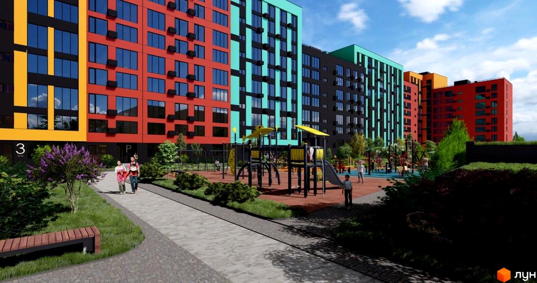 Житловий комплекс Кольоровий з яскравими фасадами та дитячим майданчиком. На зображенні видно різнокольорові будинки та зелену зону відпочинку.
