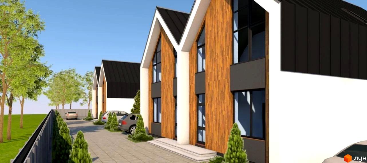 КМ Норвегія - котеджне містечко з дерев'яним фасадом та чорним дахом. На прибудинковій території розташовані автомобілі та зелені насадження.