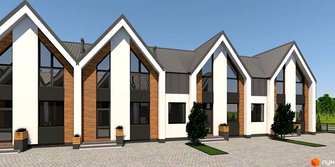 Котеджне містечко КМ Норвегія: фасади будинків з великими вікнами та дерев'яними елементами, вимощені дворики та зелені насадження.