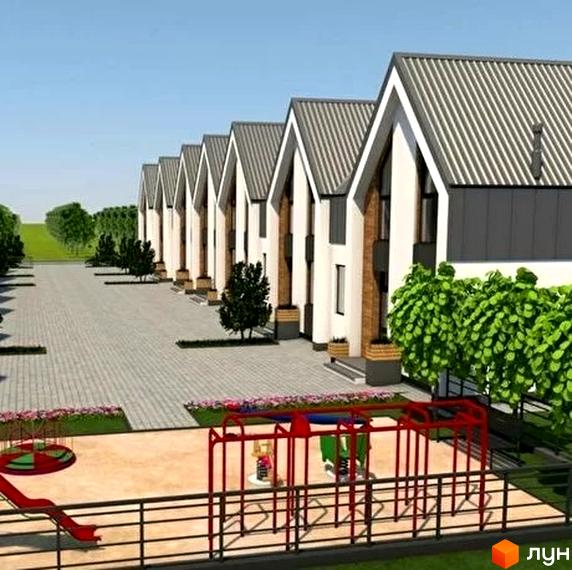 Котеджне містечко КМ Норвегія: ряд білих будинків з сірими дахами та дитячий майданчик.