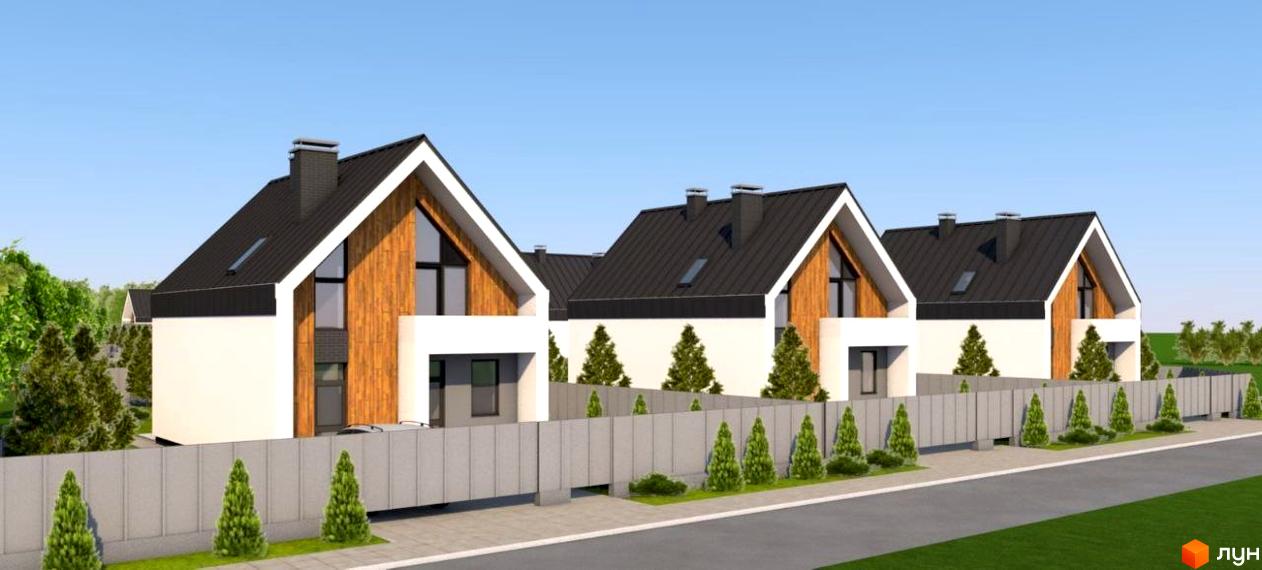 Котеджне містечко КМ Norway: три двоповерхові будинки з темними дахами та дерев'яними фасадами, огороджені парканом, з акуратними туями на подвір'ї.