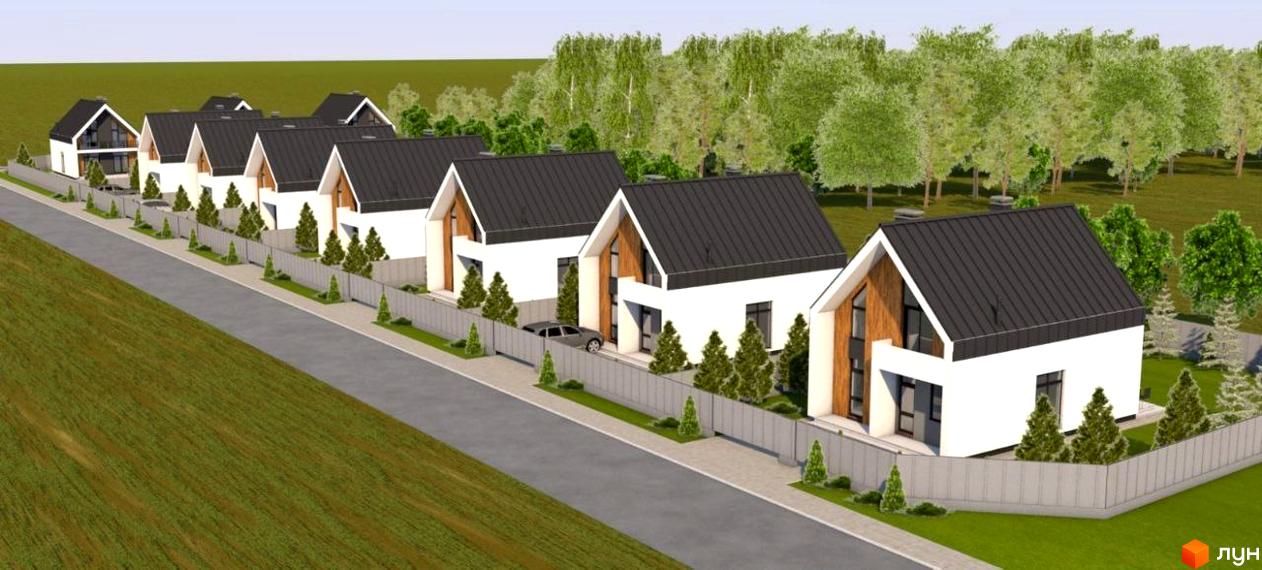 Котеджне містечко КМ Норвегія: фасади білих двоповерхових будинків з чорними дахами та дерев'яними елементами, огороджена територія з зеленими насадженнями.