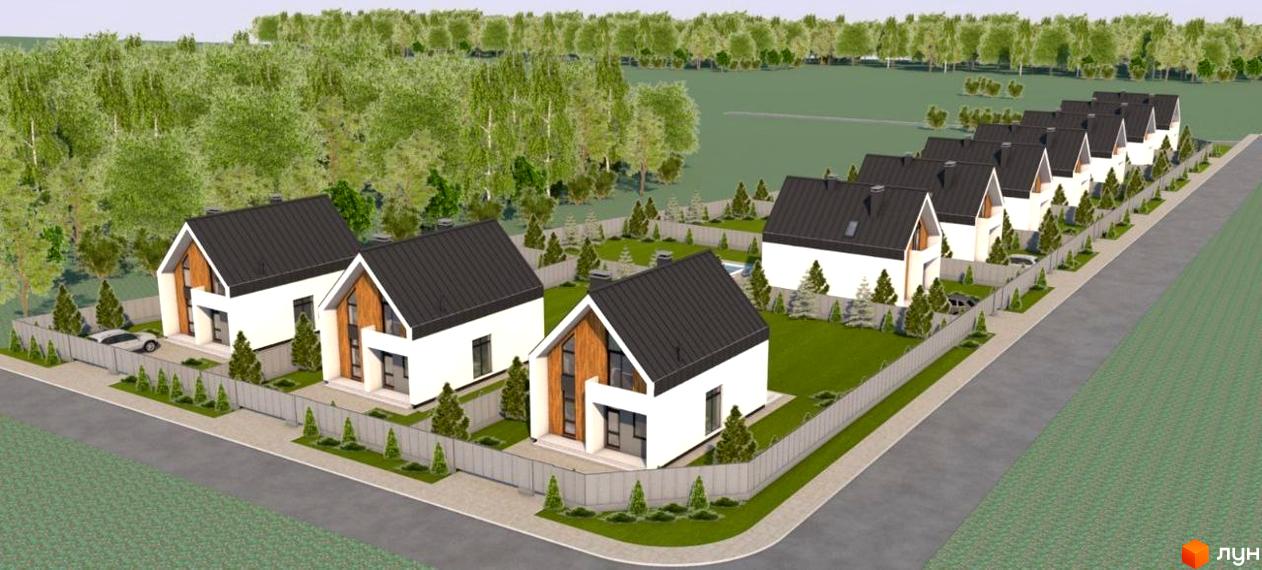 Котеджне містечко КМ Норвегія: білі будинки з темними дахами та дерев'яними вставками, огороджена територія з газоном та деревами.