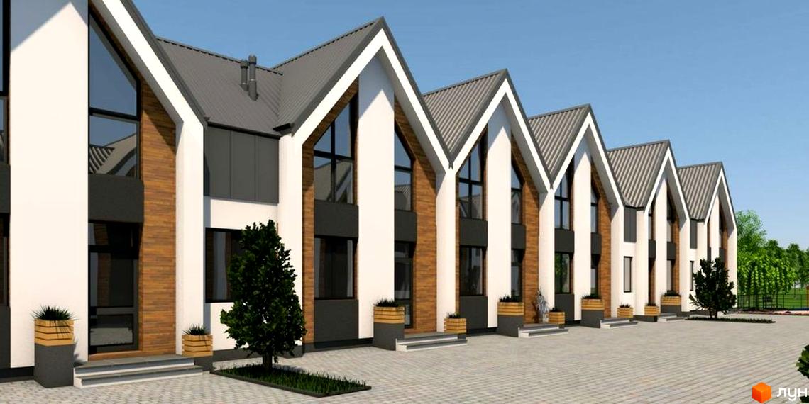 Зовнішній вигляд будинків котеджного містечка КМ Норвегія з великими вікнами та дерев'яними елементами фасаду, охайна прибудинкова територія з доріжками та зеленими насадженнями.