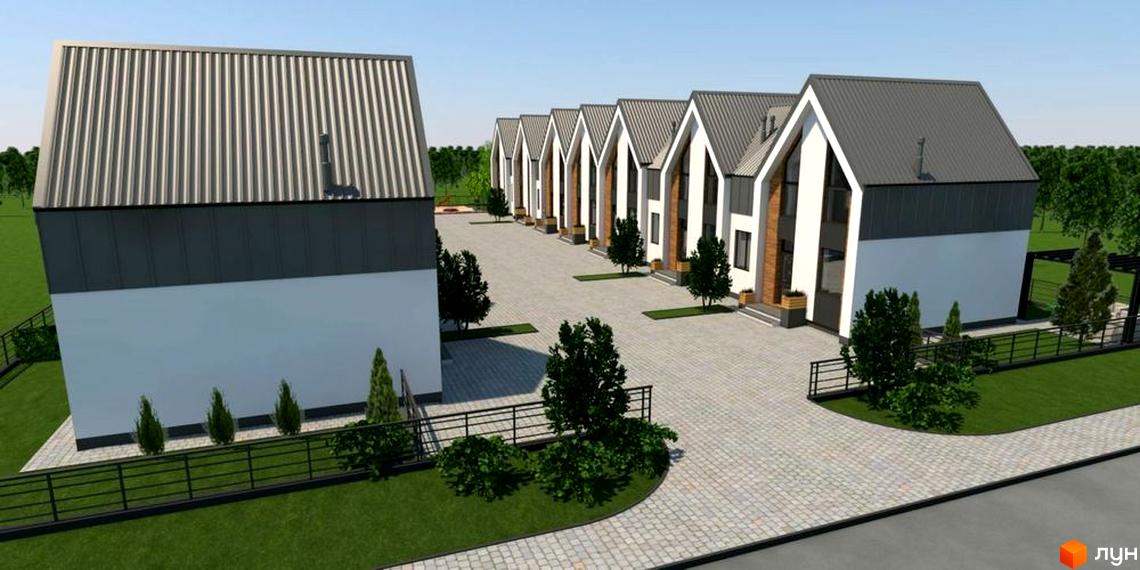 Котеджне містечко КМ Норвегія: фасади будинків з сірим дахом та білими стінами, вимощені двори, зелені насадження та огорожі.