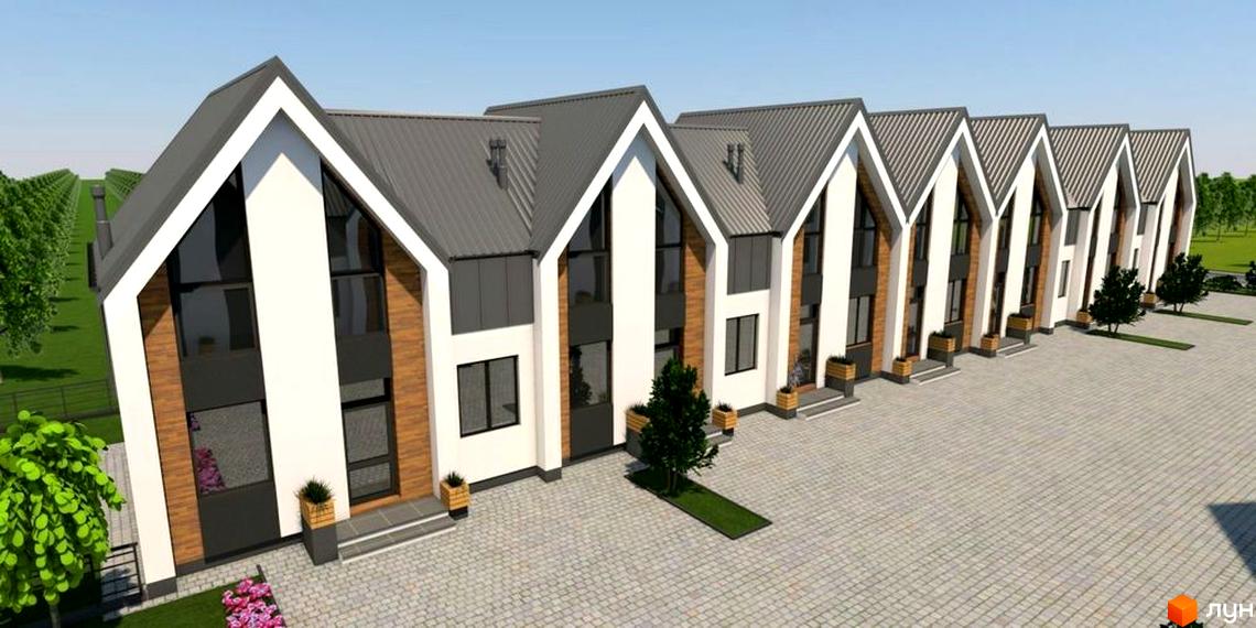 Котеджне містечко КМ Норвегія: фасади будинків з двосхилими дахами та великими вікнами, вимощені бруківкою дворики з деревами та зеленими зонами.