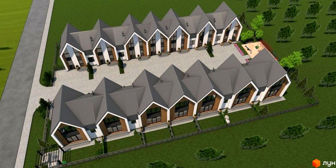 Котеджне містечко КМ Norway. Зовнішній вигляд будинків з двосхилими дахами та прибудинкова територія з деревами та дитячим майданчиком.