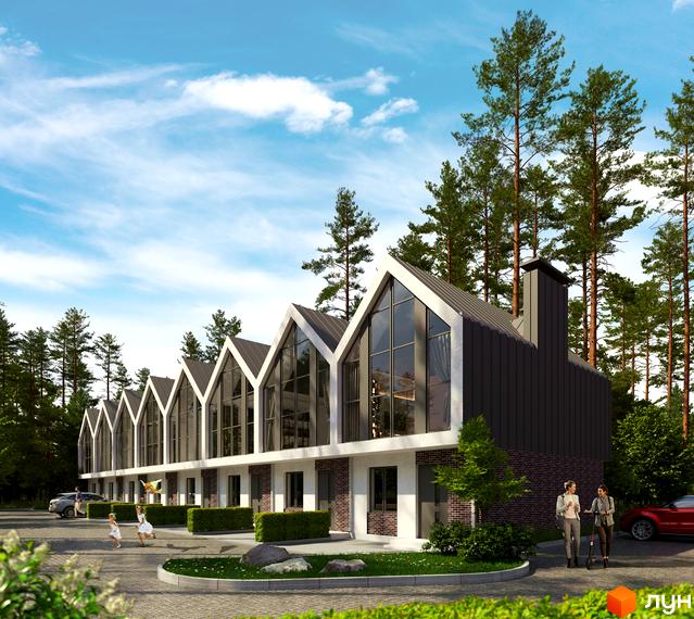 Зображення таунхаусів Lucky Town з великими вікнами та темним дахом. На передньому плані зелені насадження та пішохідна зона.