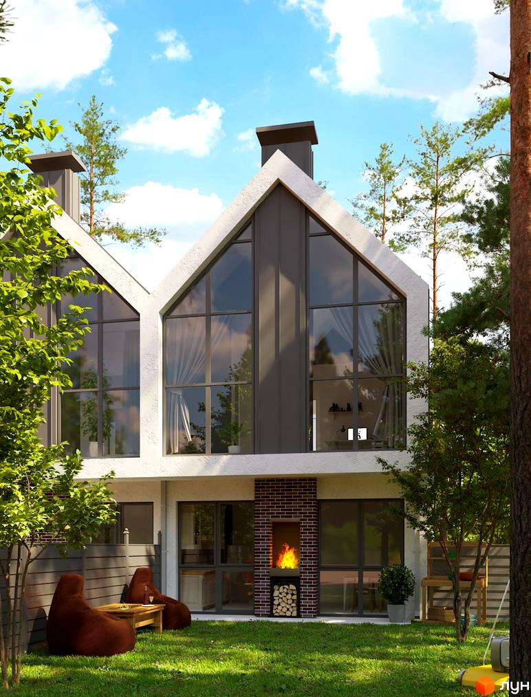 Зображення таунхаусів Lucky Town з великими вікнами та зоною відпочинку на газоні. На задньому дворі є камін і дерев'яна тераса.