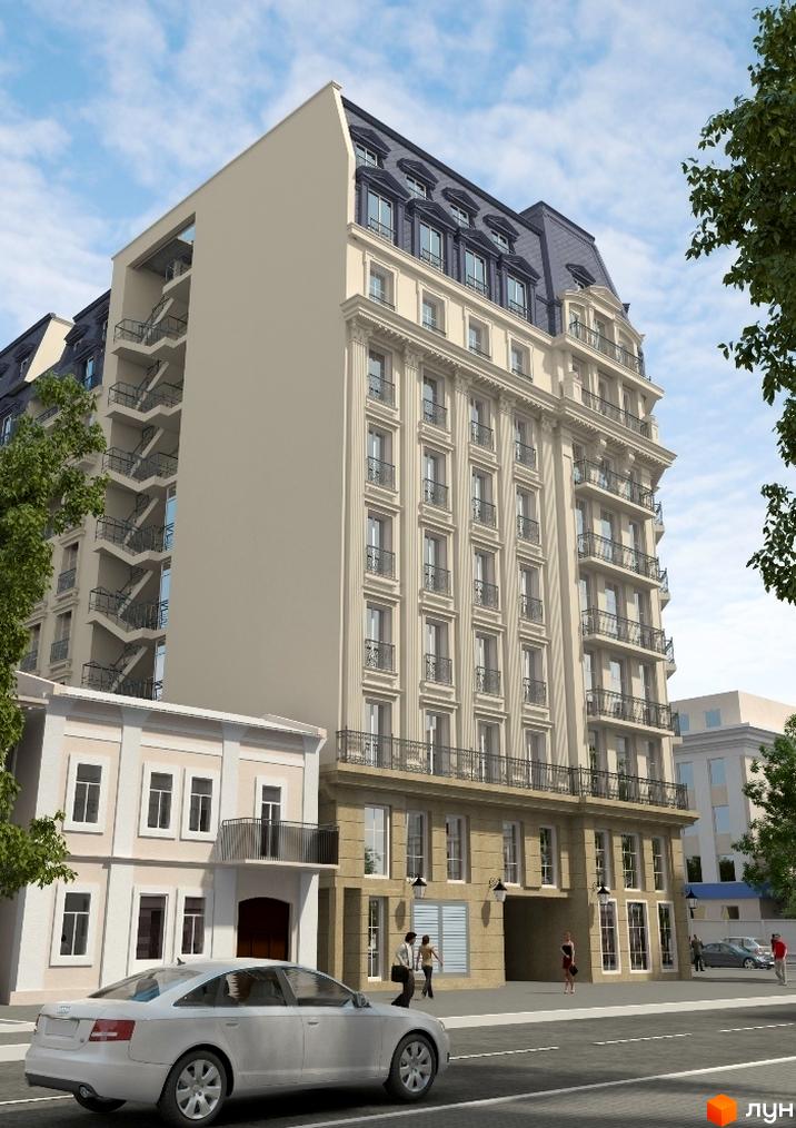 Житловий комплекс Будинок на Осипова – це багатоповерхова будівля світлого кольору з мансардним дахом. Навколо розташовані інші будівлі та вулиця з автомобілем.