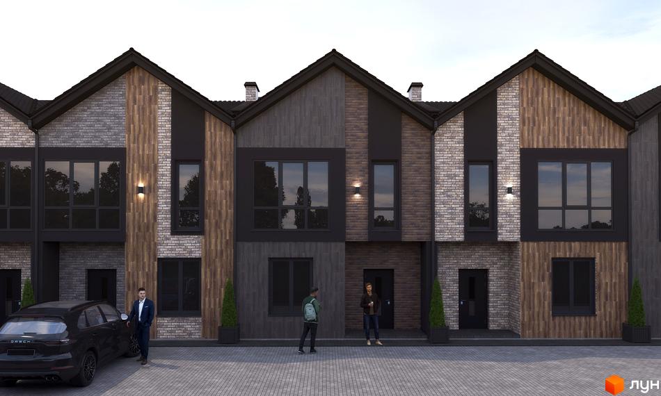 Таунхаус V78 townhouse з цегляним та дерев'яним фасадом, великими вікнами та прибудинковою територією з автомобілем та пішоходами.