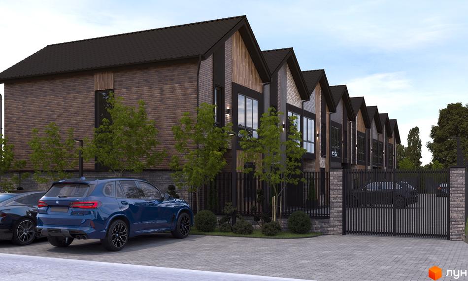 Таунхаус V78 townhouse з цегляним фасадом та великими вікнами, перед будинком парковка та зелені насадження.