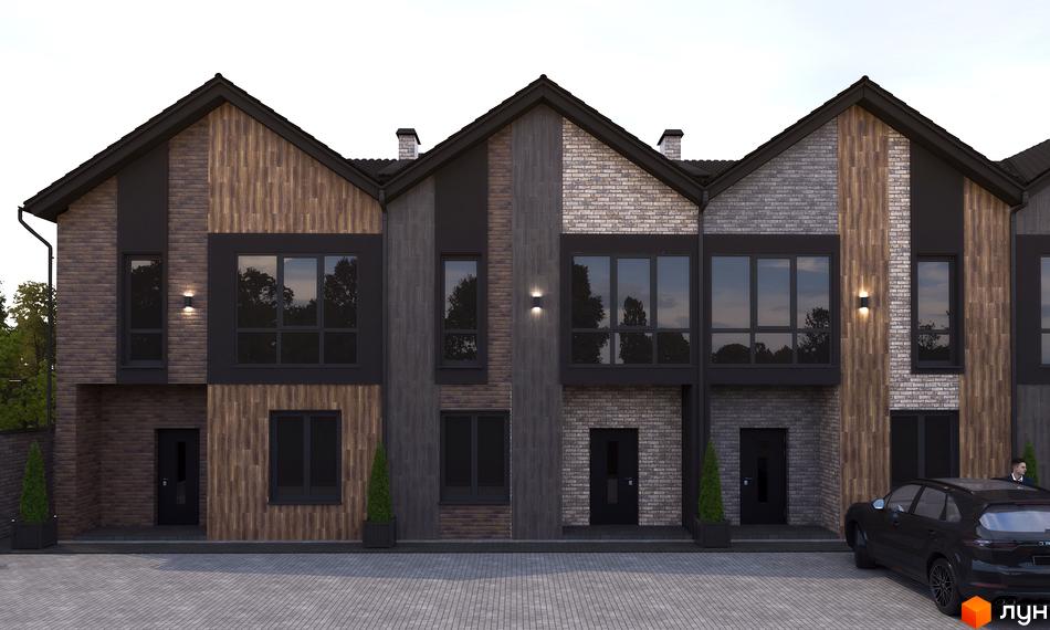 Таунхаус V78 townhouse з цегляним та дерев'яним оздобленням фасадів, великими вікнами та прибудинковою територією з паркуванням.