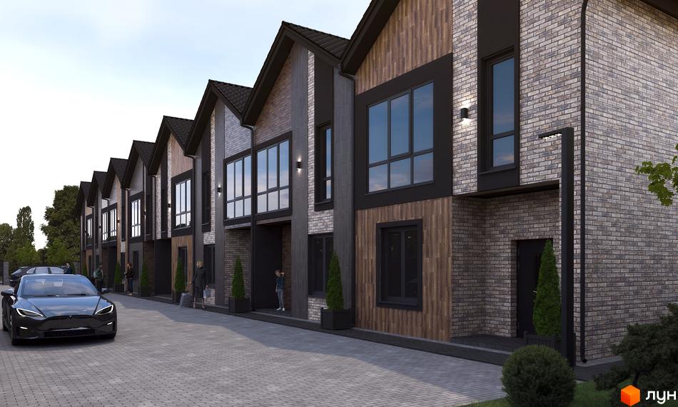 Таунхаус V78 townhouse з цегляним фасадом та дерев'яними елементами, розташований на бруківці з прибудинковою територією.