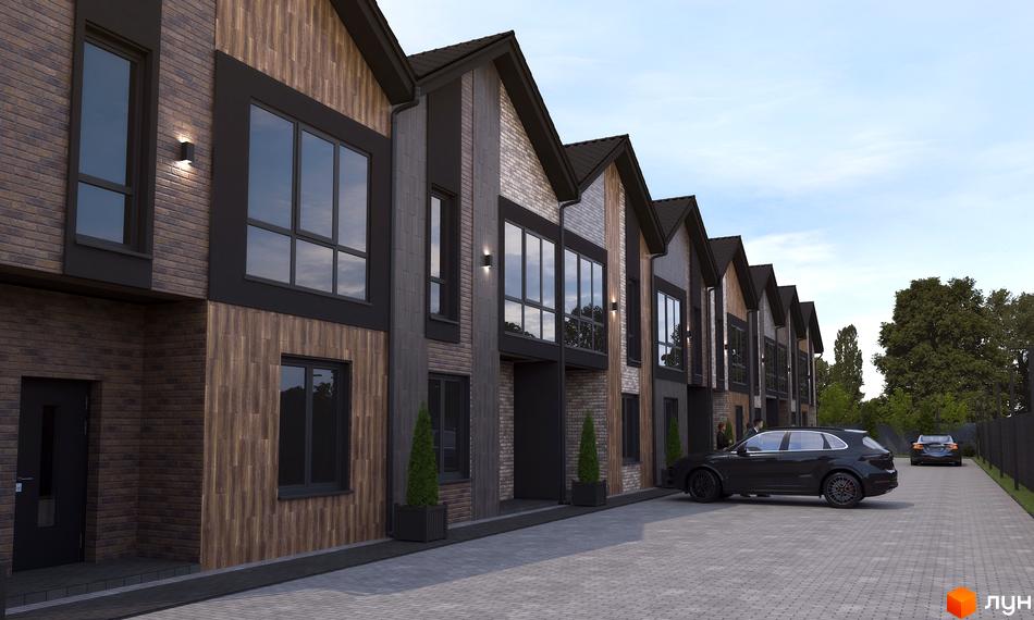 Таунхаус V78 townhouse - цегляні фасади з дерев'яними вставками, великі вікна та акуратна прибудинкова територія з паркуванням.