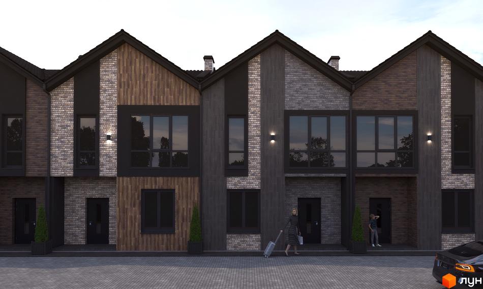 Таунхаус V78 townhouse – цегляний фасад, дерев'яні елементи та великі вікна. Перед будинком бруківка та зелені насадження.