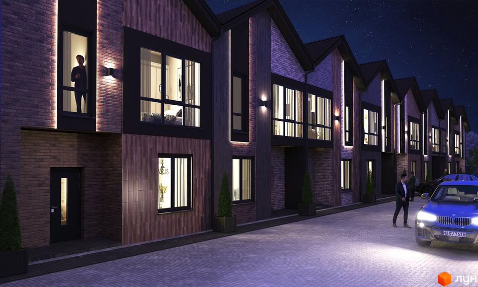 Таунхаус V78 townhouse у вечірній час з підсвіткою фасаду та автомобілями на прибудинковій території. Зовнішній вигляд будинку з цегляною та дерев'яною обробкою.