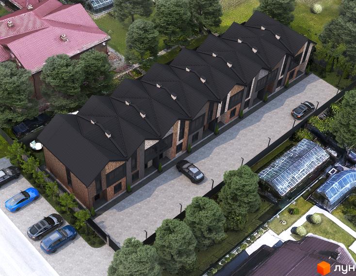 Зовнішній вигляд таунхаусів V78 townhouse з чорними дахами та цегляними фасадами, поруч розташовані автомобілі та зелені насадження.