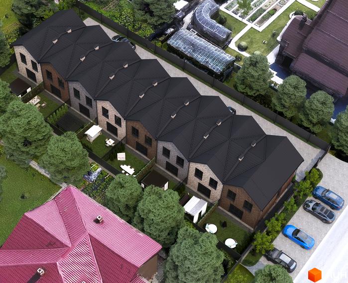 Таунхаус V78 townhouse з чорними дахами та цегляними фасадами, оточений зеленими деревами та облаштованою прибудинковою територією.