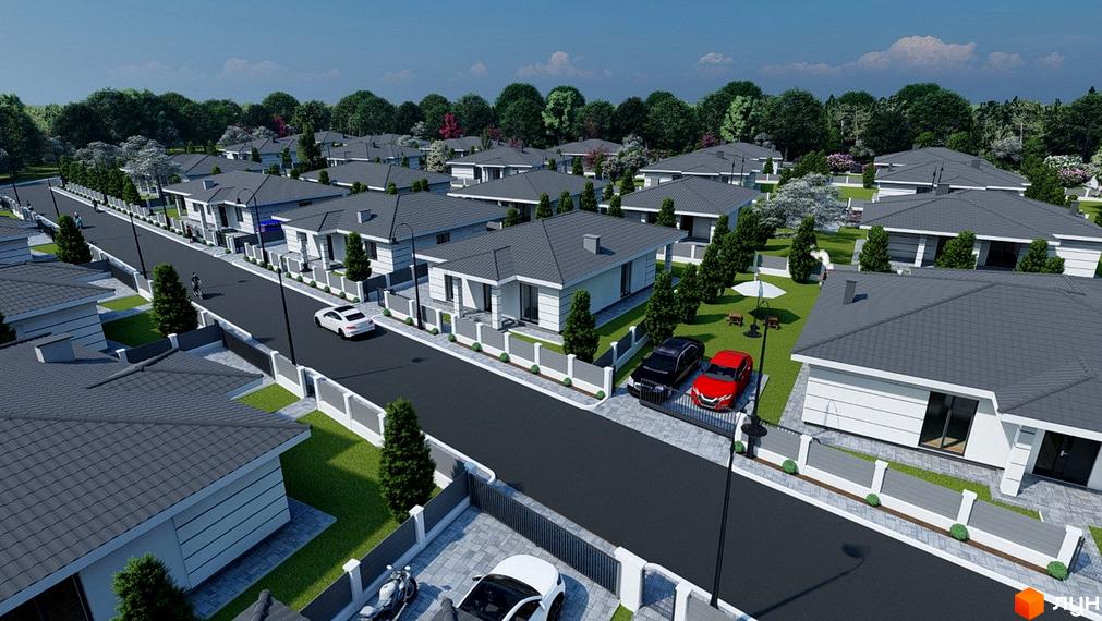 Котеджне містечко КМ Comfort Place: білі одноповерхові будинки з сірими дахами, огороджена територія, доглянутий газон та дерева.