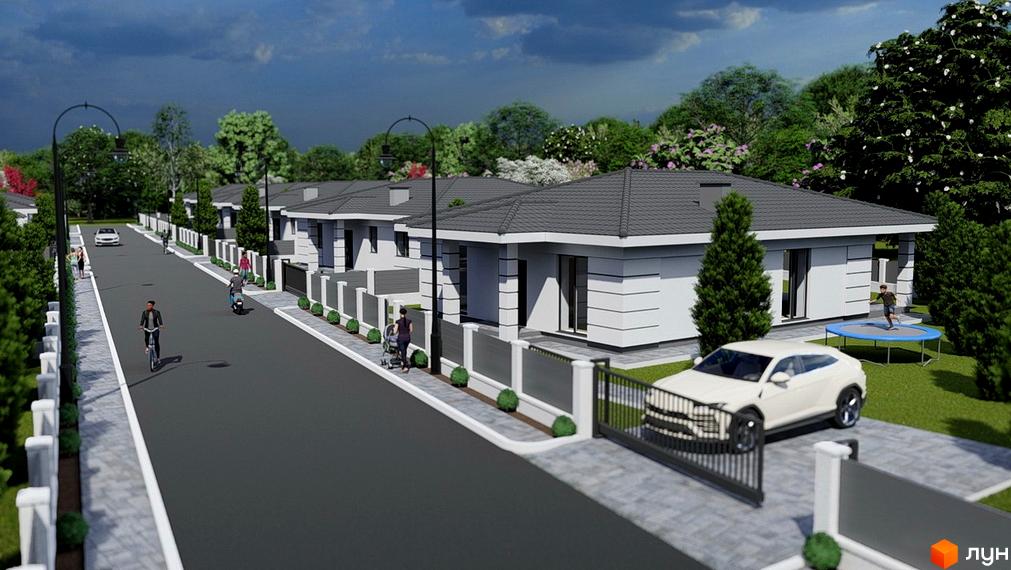 Котеджне містечко КМ Comfort Place: одноповерхові будинки з сірими дахами, білими фасадами та парканами. Прибудинкова територія з дорогою, деревами та дитячим майданчиком.