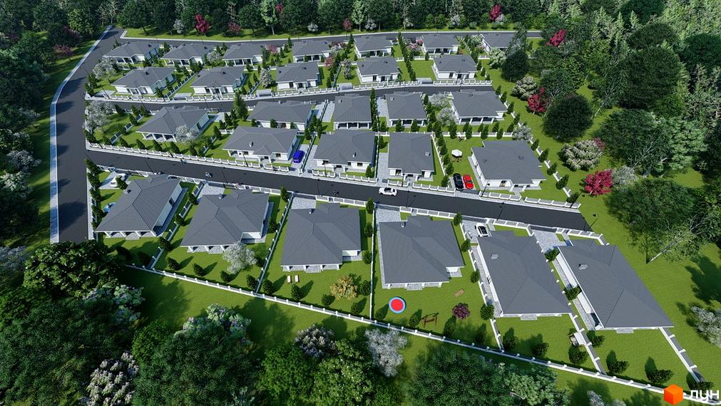 Котеджне містечко КМ Comfort Place - вид зверху на однотипні будинки з сірими дахами та доглянуту прибудинкову територію з деревами та газонами.