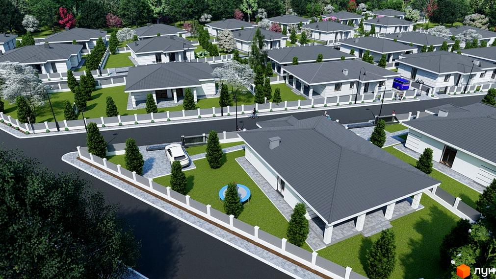 Котеджне містечко КМ Comfort Place: одноповерхові будинки з сірими дахами та доглянутою прибудинковою територією з газоном і деревами.