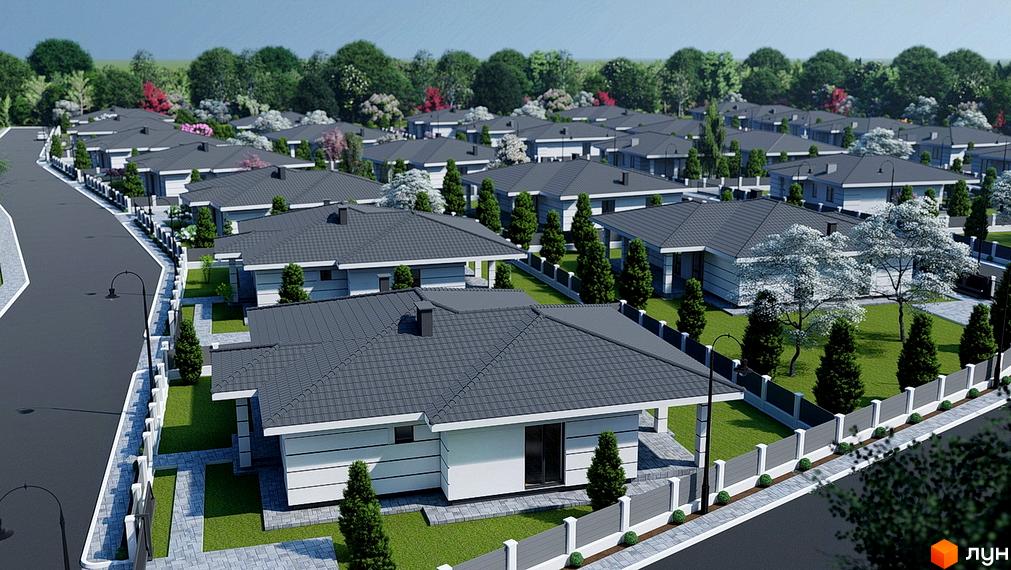 Котеджне містечко КМ Comfort Place: одноповерхові будинки з сірими дахами, білими фасадами та доглянутою прибудинковою територією з зеленими газонами та деревами.