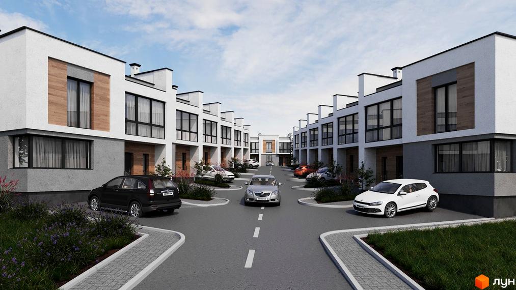 Котеджне містечко Сокільники: сучасні будинки з великими вікнами та доглянутою прибудинковою територією з автомобілями.