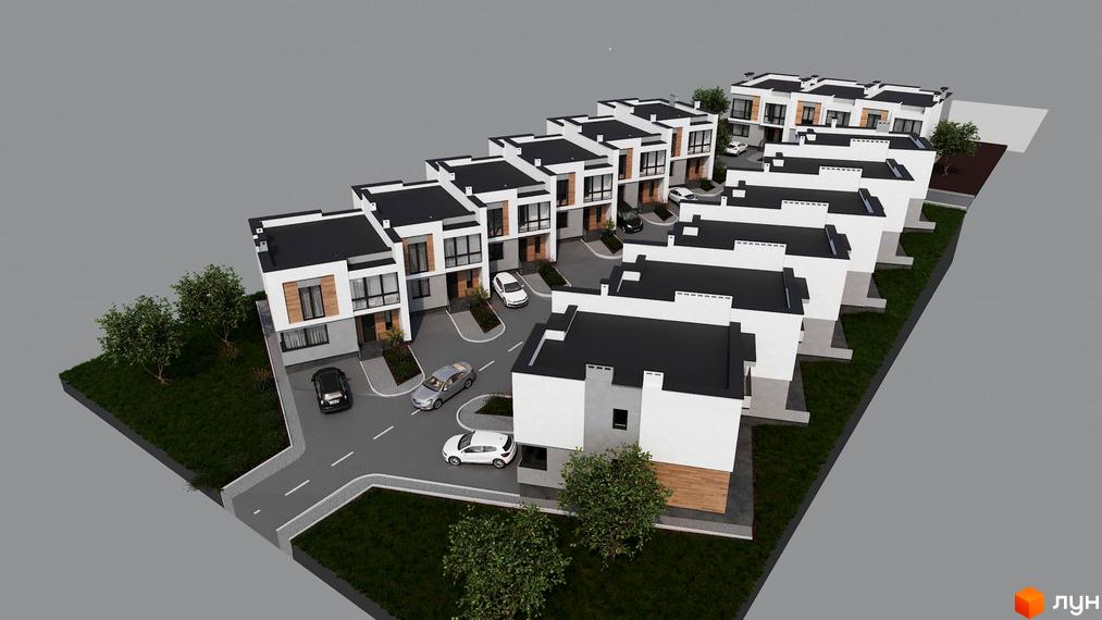 Котеджне містечко Сокільники: триповерхові будинки з чорними дахами та білими фасадами, прибудинкова територія з деревами та автомобілями.