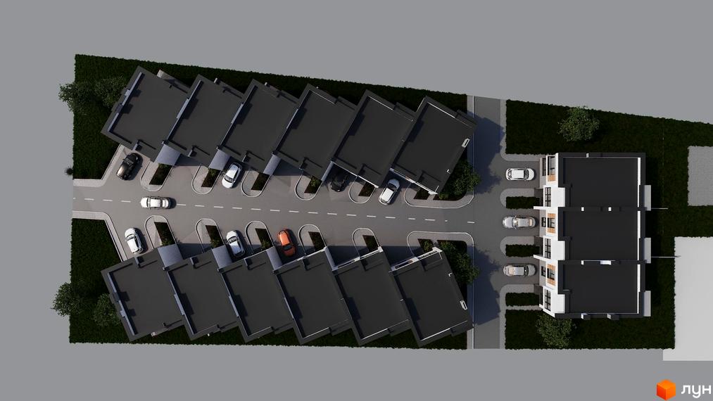 Котеджне містечко КМ Сокільники з парковкою та зеленими насадженнями. Вид зверху на сучасні будинки та прибудинкову територію.