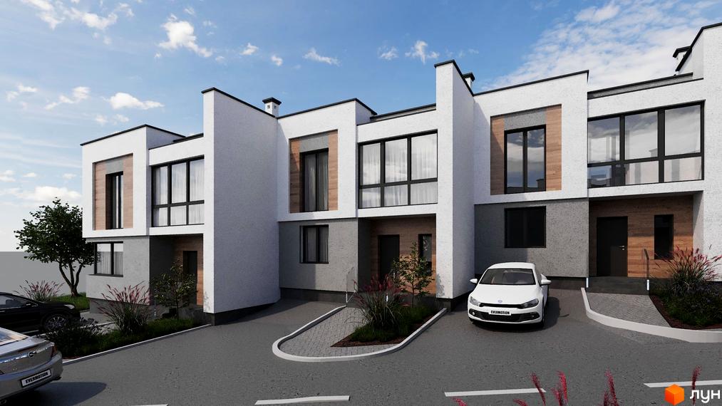 Котеджне містечко Сокільники: фасади будинків з великими вікнами та дерев'яними елементами, прибудинкова територія з парковкою та зеленими насадженнями.