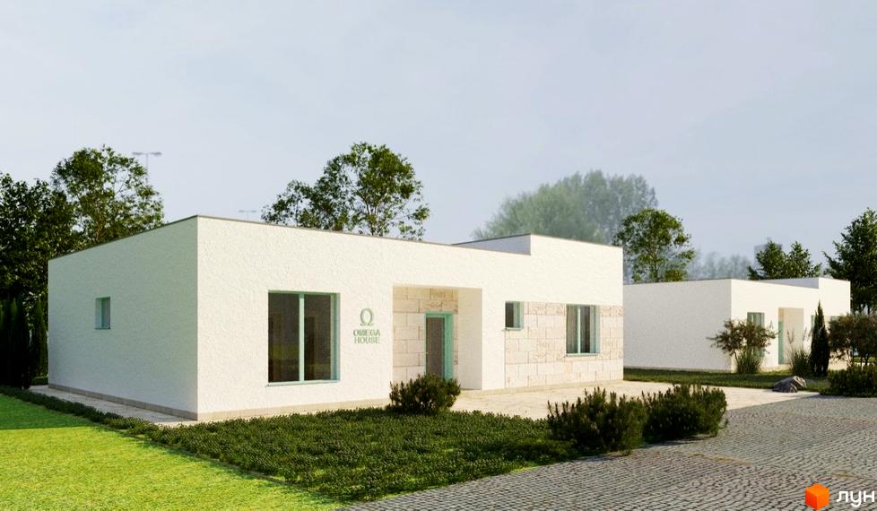 Котеджне містечко Чапаєвка: білі одноповерхові будинки з великими вікнами та зеленою прибудинковою територією. На фасаді будинку логотип Omega House.