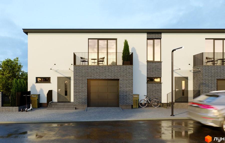 Зовнішній вигляд будинку житлового комплексу на вул. Гайдея, 10, з гаражем, балконами та прибудинковою територією з велосипедом та електросамокатами.