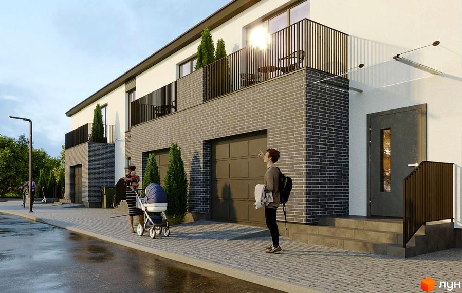 Фасад житлового комплексу на вул. Гайдея, 10 з цегляним оздобленням та балконами. Поруч розташована брукована доріжка з дитячим візочком та людьми.