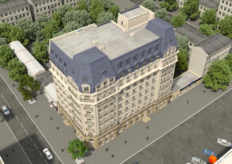 Зображення фасаду Новобудови Будинок на Осипова. Багатоповерховий будинок з мансардним дахом та балконами, розташований на вулиці з деревами.