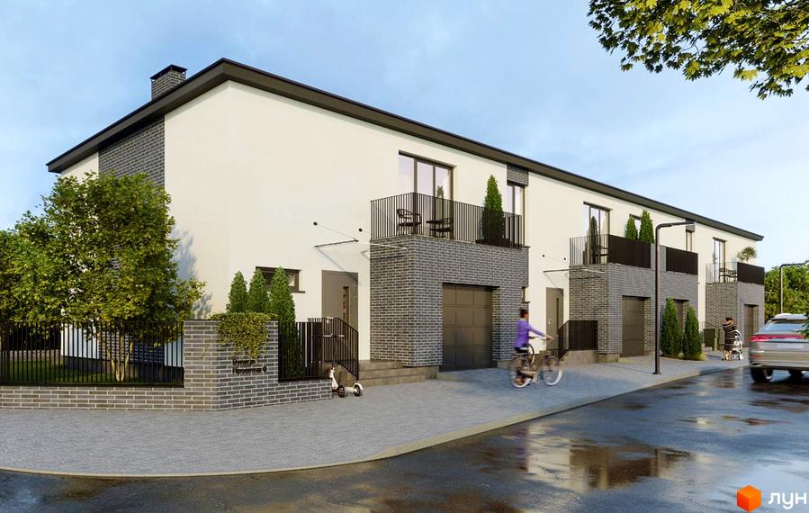 Зовнішній вигляд триповерхових будинків з балконами та гаражами на вул. Гайдея, 10. Прибудинкова територія з деревами та парканом.