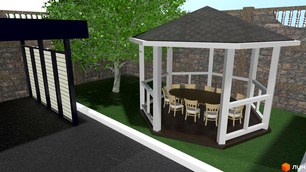 Житловий комплекс Династія: білий альтанка з столом та стільцями на прибудинковій території біля будинку.