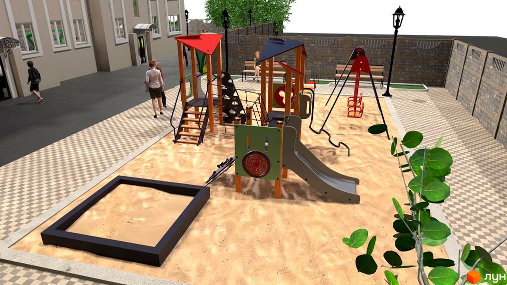 Династія - житловий комплекс з дитячим майданчиком та пісочницею. Навколо будівлі розташована брукована доріжка та зелені насадження.