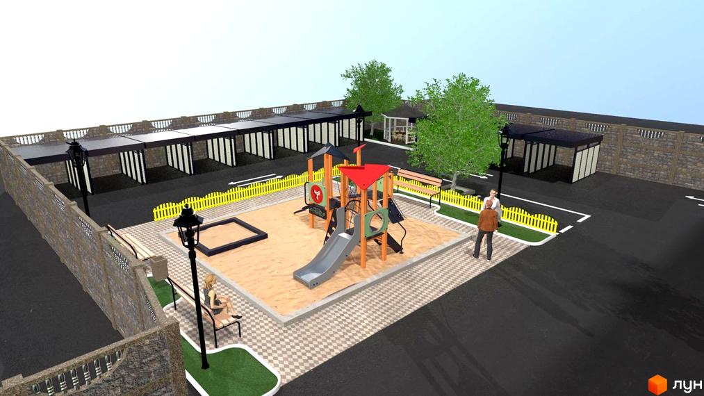 Житловий комплекс Династія: дитячий майданчик та зони відпочинку біля будинків з навісами. Територія огороджена парканом.