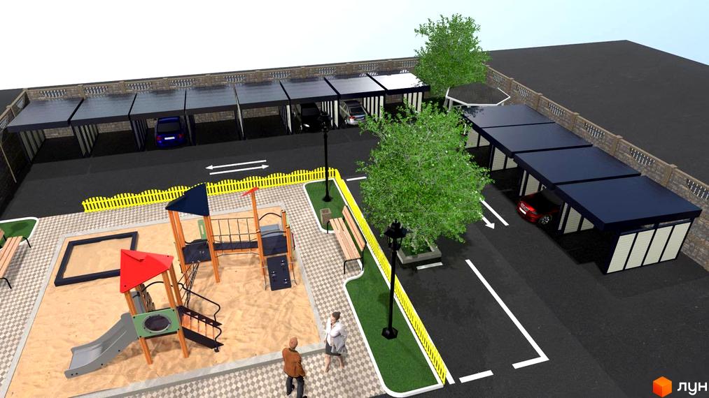 Житловий комплекс Династія: паркінг з навісами та дитячий майданчик з пісочницею та гіркою.