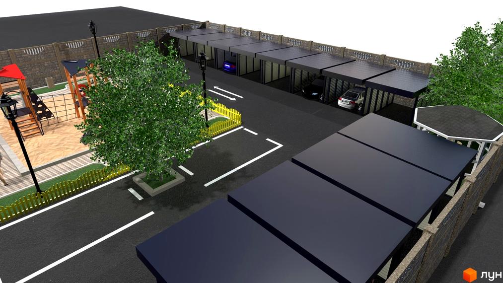 Житловий комплекс Династія: сучасний паркінг з навісами та дитячий майданчик з пісочницею та гірками.