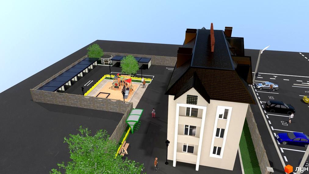 Зовнішній вигляд будинку ЖК Династія та його прибудинкова територія з дитячим майданчиком, парковкою та зонами відпочинку.