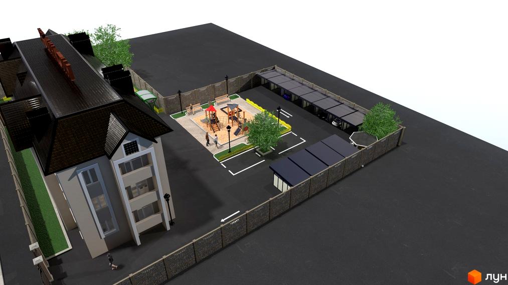 Житловий комплекс Династія: триповерховий будинок з темним дахом та прибудинковою територією з дитячим майданчиком та парковкою.