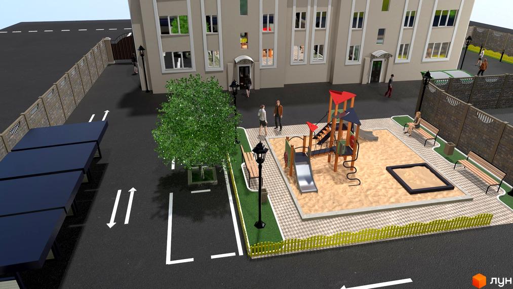 Житловий комплекс Династія: багатоповерхова будівля та дитячий майданчик з пісочницею, гойдалками та гіркою. Територія огороджена парканом, є лавки та ліхтарі.