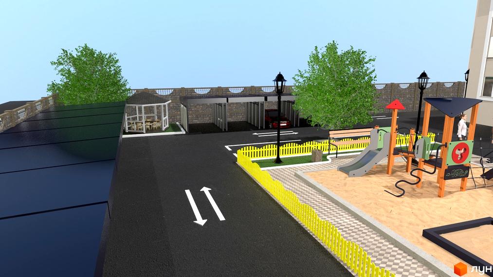 Житловий комплекс Династія: дитячий майданчик та зона відпочинку біля будинку. Парковка для автомобілів та зелені насадження.