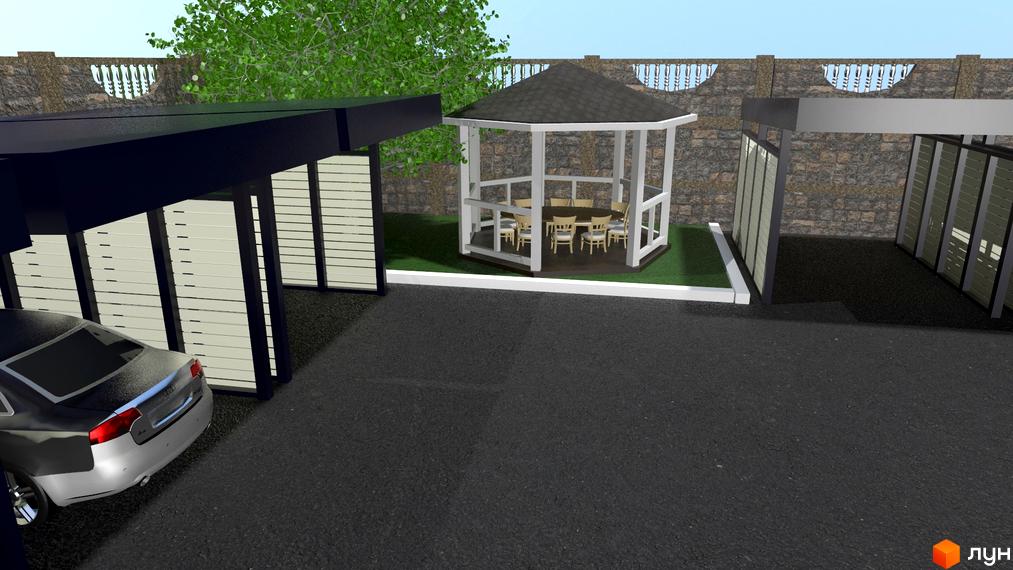 Зовнішній вигляд житлового комплексу Династія з навісами для авто та альтанкою для відпочинку. На території є парковка та зелена зона.