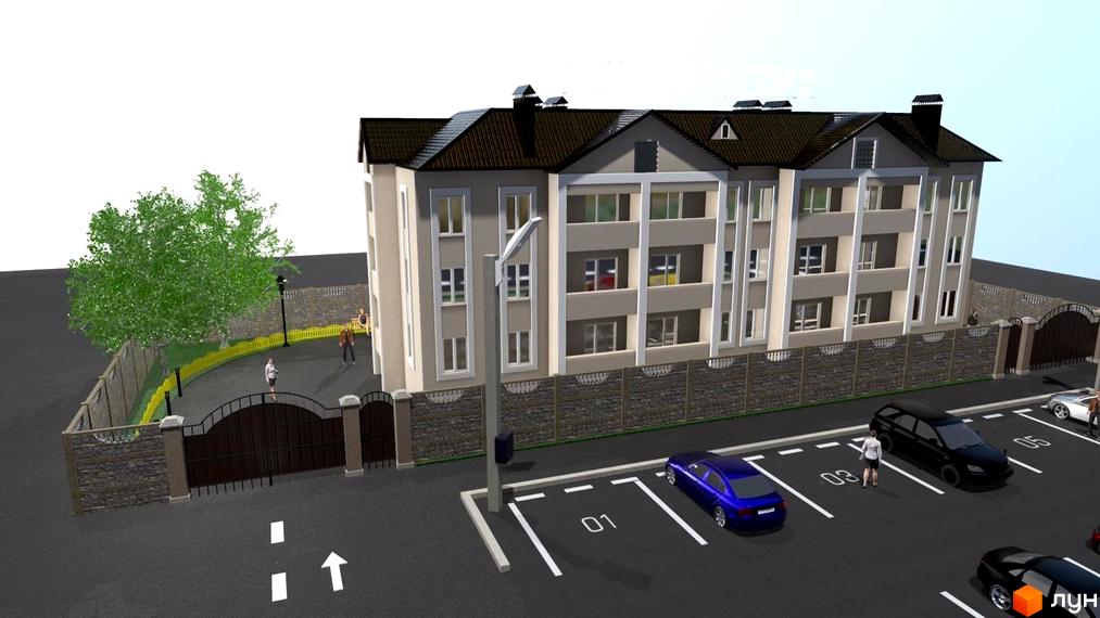 Житловий комплекс Династія - це сучасна новобудова з доглянутою прибудинковою територією та парковкою. Зовнішній вигляд будинку виконаний у світлих тонах з акцентами на вікна та фасади.